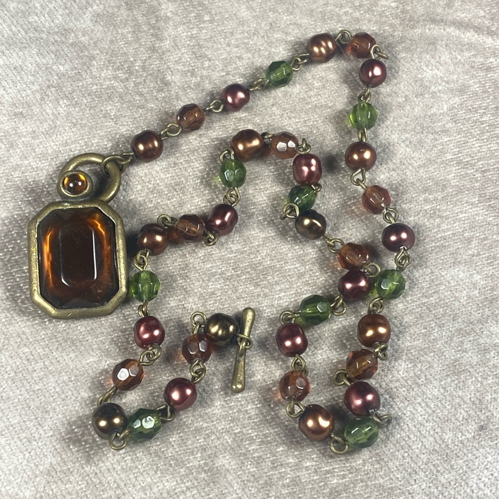 VTG Amber Green Metal Beads Watch Chain ? Rosary ?